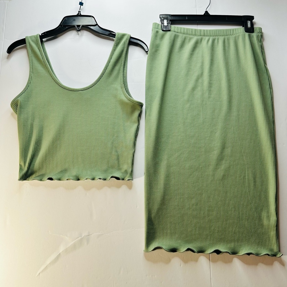 Ribbed Knit Paperoc Tank and Midi Skirt Set in Sage Green